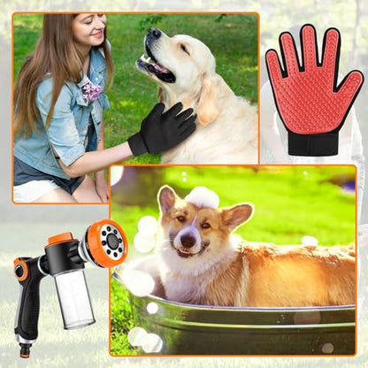 Upgrade Dog Washing Hose Attachment with Replacement Soap Bottle, 8 Spray Patterns Dog Wash Hose Attachment with Dog Washing Gloves, Suitable for Watering Plant, Patio, Cleaning, Showering Pet - color: Orange-2