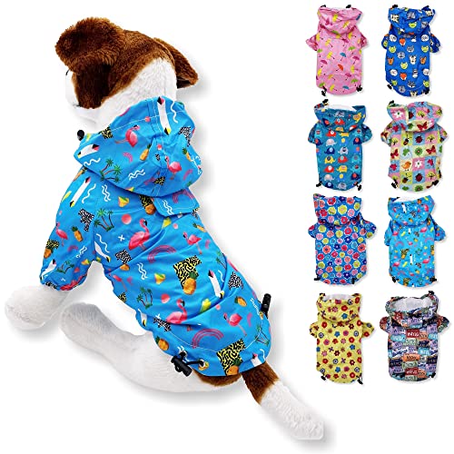 Dog Raincoat Hooded Leash Hole Waterproof Rain Coat Jacket Rainwear for Small Pet Cat Puppy (XS: Length - 10", Blue Flamingo) - color: Blue Flamingo, size: XS: Chest - 12", Length - 10"