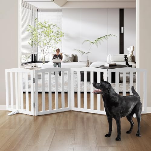 Freestanding Dog Gate Indoor,Doggie Gate Foldable Dog Gates for Doorways,Stairs or Hallways, Wooden White Pet Gate for the House, Pet Fence with Support Feet Included,24 "Height-4 Panels - color: White, size: 【4 Panels】80‘’w x 24''h