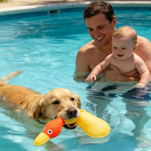 EXPAWLORER Floating Dog Water Pool Toys - 2 Pack Stuffed Duck Dog Toys Long, Pet Summer Essentials for Fetch & Training, Built-in Squeaky Ball Loud Sound for Small Medium Large Breeds, Yellow