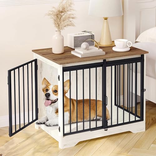 Hzuaneri 31.9" Dog Crate Furniture with Barn Door, Heavy Duty Dog Kennel Indoor with 2 Doors, Wooden Pet Cage End Table for Small Medium Dogs up to 44 lb, Anti-Chew Anti-Escape, White Brown DFC83614B - color: White Brown, size: 31.9"L x 21.7"W x 26.6"H