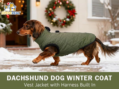 SCENEREAL Dachshund Winter Dog Vest Coat with Harness Built in, Warm Puppy Jacket for Small Medium Dogs, Cold Weather Coat with Zipper, Fleece Puffer Vest Windproof Snow Clothes - color: #1 Olive-Matte, size: L(Chest 20.5")-Dachshund