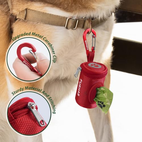 FURHAB Dog Poop Bag Holder for Leash Doggie Waste Bag Dispenser Soft Fabric Puppy Potty Carrier Small Doggy Zipper Pouch with Carabiner Clip 1680D Nylon Oxford with 1 Roll of Pet Trash Bags, Red - color: Red