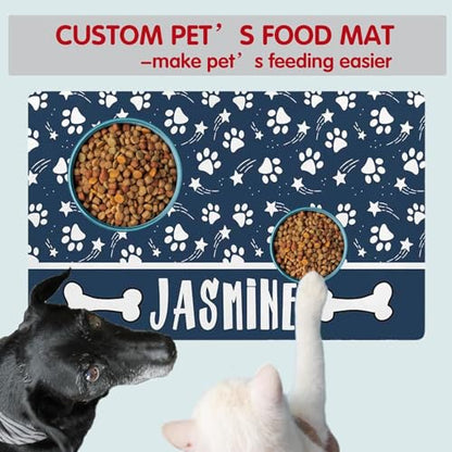 Personalized Dog & Cat Food Mat with Name Waterproof PU Pet Bowl Mat Non-Slip Rubber Bottom Easy Clean Available in(24"×16", 30"×20", 36"×24") | Pet Feeding Mat for Food & Water (Blue Paw Prints) - color: Blue Paw Prints