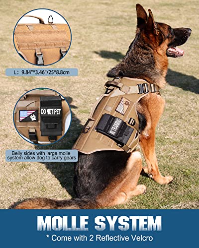 Tactical Dog Harness - PETNANNY Service Dog Vest for Large Dogs Fully Body Coverage in Training Dog Harness with 2 Reflective Dog Patches, Handle, Hook and Loop Panels, Dog MOLLE Vest (Khaki, L) - color: Khaki, size: Extended Back L (Chest: 28-39", Neck: