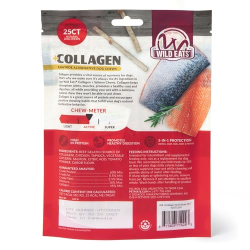 Wild Eats Real Salmon Collagen Bully Sticks for Dogs, 25 Pack, Long Lasting | Rawhide and grain free no hide chew treats, high protein recipe, satisfies natural gnawing urges, suits all breeds and sizes - size: 5.7 Ounce (Pack of 25)