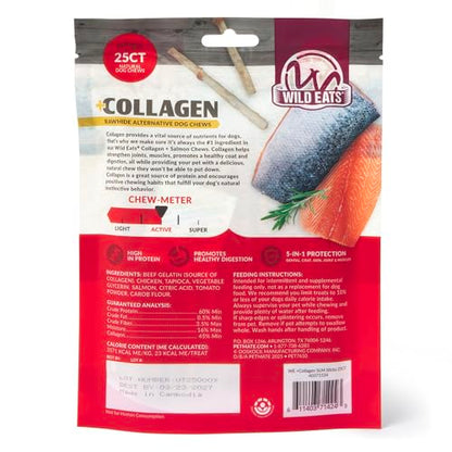 Wild Eats Real Salmon Collagen Bully Sticks for Dogs, 25 Pack, Long Lasting | Rawhide and grain free no hide chew treats, high protein recipe, satisfies natural gnawing urges, suits all breeds and sizes - size: 5.7 Ounce (Pack of 25)