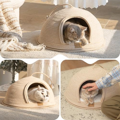 Cat Cave Bed with Washable Cushion and Ball, Handwoven Cotton Rope Cat Basket Bed for Indoor Cats Bed Covered, 3-in-1 Scratching, Playing & Sleeping, All Season Universal(White)