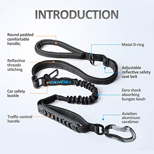 IOKHEIRA Multifunctional Tactical Dog Leash Heavy Duty,4-6 FT Strong Bungee Leash with Car Seatbelt, Shock Absorbing Dog Lead for Large, Medium Dogs - color: Black