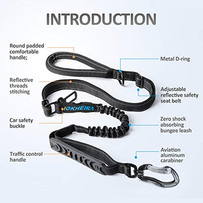 IOKHEIRA Multifunctional Tactical Dog Leash Heavy Duty,4-6 FT Strong Bungee Leash with Car Seatbelt, Shock Absorbing Dog Lead for Large, Medium Dogs - color: Black