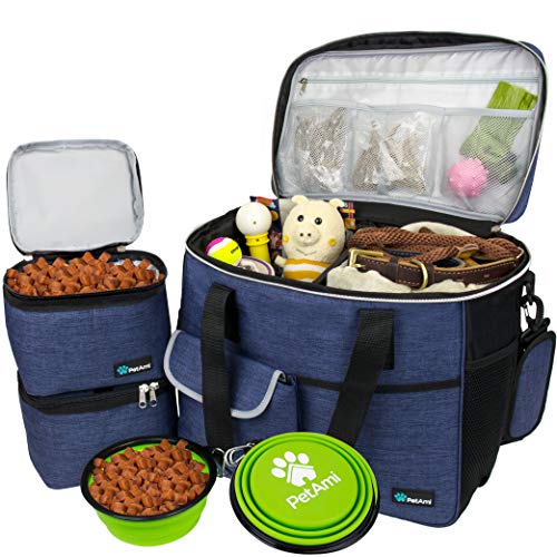 PetAmi Dog Travel Bag Organizer, Pet Travel Kit with 2 Food Containers & 2 Collapsible Dog Bowls, Pet Supplies Tote with Luggage Sleeve, Weekend Road Trip Camping Essentials, Navy Blue, Large - color: Navy, size: Large - 15.5"L x 9.5"W x 14.0"H