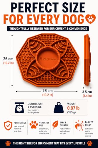 PetThrow Dog Slow Feeder Lick Mat Bundle – Octagon Silicone Feeder Bowl with Center Dish for Fresh & Wet Food, Suction Cups | Includes Spatula, Cleaning Brush & Recipe Card, Dishwasher Safe