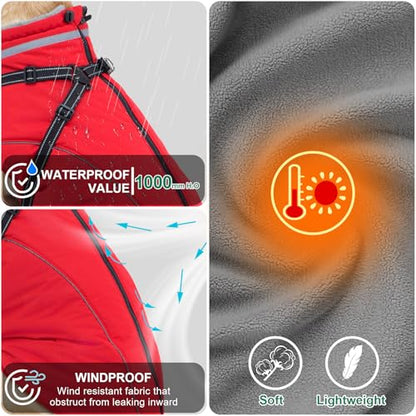Fragralley Dog Coat with Harness Built in, Waterproof Windproof Reflective Warm Puffer Jacket, Fleece Lined Vest Winter Parka for Small, Medium, Large Dogs - color: Red, size: Small