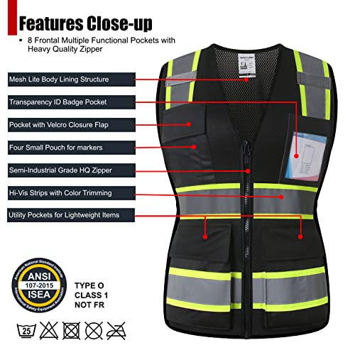 Safety Vest for Women High Visibility Vest with 8 Pockets and Front Zipper Mesh Reflective Vest Meets ANSI/ISEA Standards(Black-17, Medium) - color: Black-17, size: Medium