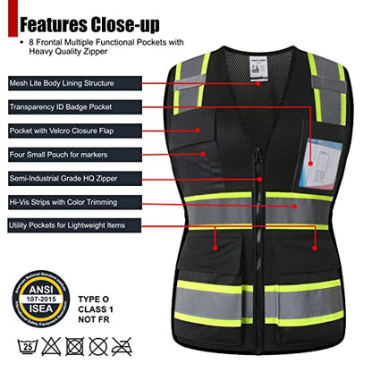 Safety Vest for Women High Visibility Vest with 8 Pockets and Front Zipper Mesh Reflective Vest Meets ANSI/ISEA Standards(Black-17, Medium) - color: Black-17, size: Medium