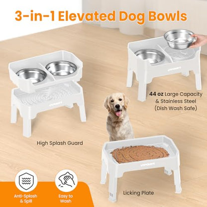 URPOWER 3-in-1 Elevated Dog Bowls - Mess Proof Double Deck 4 Height Adjustable Raised Stand with 2 Stainless Steel Food Bowls & Licking Plate for Small, Medium & Large Dogs - color: Light Grey, size: Large