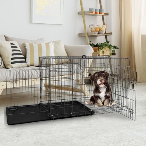 Dog Crate, 24/30/36/42/48 Inch Dog Crates for Small Medium Large Dogs Indoor, Folding Metal Dog Kennel Dog Cage with Double-Door, Divider Panel, Removable Tray, Locks and Handle, (24 Inch, Black) - color: BLACK, size: 24.0"L x 16.0"W x 19.0"H