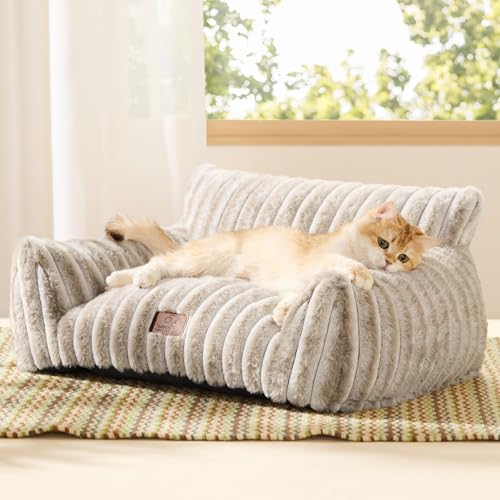 Bedsure ComfyFleece Cute Cat Couch for Pets - Fluffy Cat beds with Premium Soft Corduroy Fleece, Fluffy Cats beds for Indoor Cats with Removable Washable Cover, Supportive Pet Sofa, 24inch, Amphora - color: Amphora, size: 24x18x10"