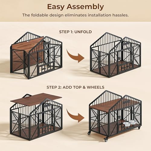 IRONCK 41.5" Foldable Dog Crate Furniture, No Assembly Required Dog Kennel Indoor with 5 Wheels, Wooden Dog Cage with 2 Rotatable Dog Bowls & Name Tag for Small/Medium Dogs, Rustic Brown