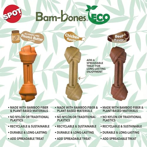 SPOT Bam-Bones Eco Knotted Bone, Chicken Flavor, Durable Plant-Based Nylon-Free Dog Chew Toy for Moderate Chewers up to 70lbs, 7.5 Inch
