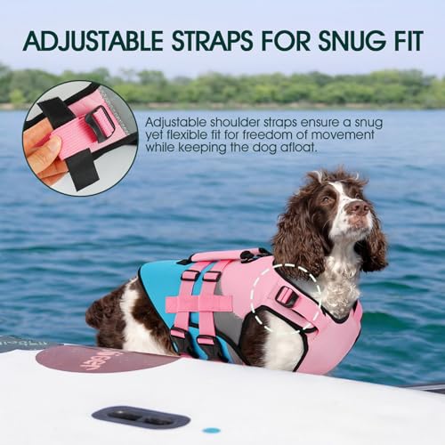 Kuoser Dog Life Jacket with Reflective Strips, High Visibility Dogs Swim Vest with Rescue Handle, Adjustable Dog Life Vest for Swimming, Boating, Pool & Beach, Doggy Lifejacket Small Medium Large Dogs - color: Pink & Aqua Blue, size: Medium (Chest Girth:2