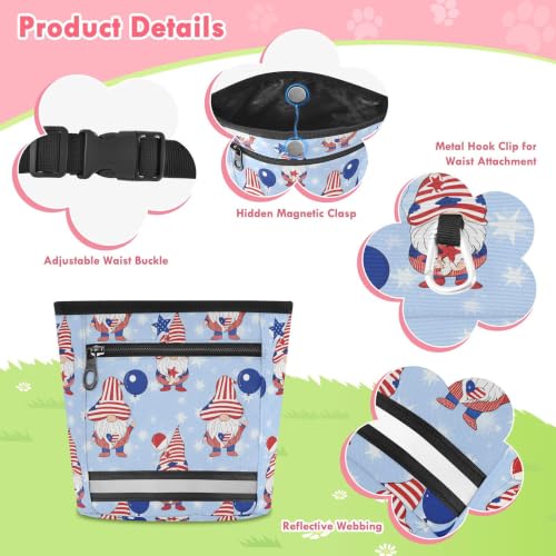 Independence Day Water-Resistant Dog Treat Pouch, 3 Ways to Wear Treat Bag with Magnetic Closure & Reflective Strip, Hands-Free for Pet Training, Walking