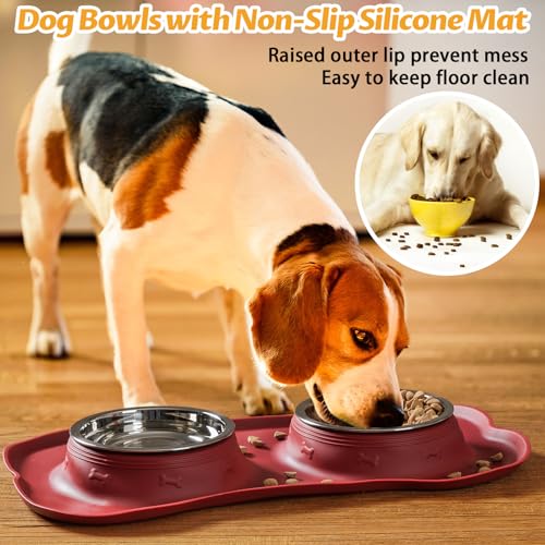 Hubulk Pet Dog Bowls 2 Stainless Steel Dog Bowl with No Spill Non-Skid Silicone Mat + Pet Food Scoop Water and Food Feeder Bowls for Feeding Small Medium Large Dogs Cats Puppies (Burgundy, Small) - color: Burgundy, size: Small