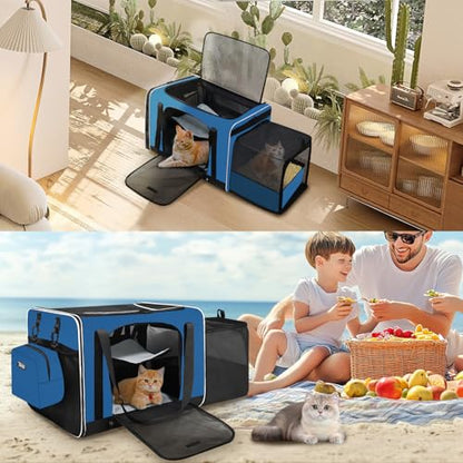 Petskd Side Expandable Extra Large Cat Carrier with Litter Box Area, 24"x17"x17" Soft-Sided Pet Carrier for 2 Cats Under 55 lbs with Zipper Locks for Car Travel(Prussian Blue) - color: Prussian Blue