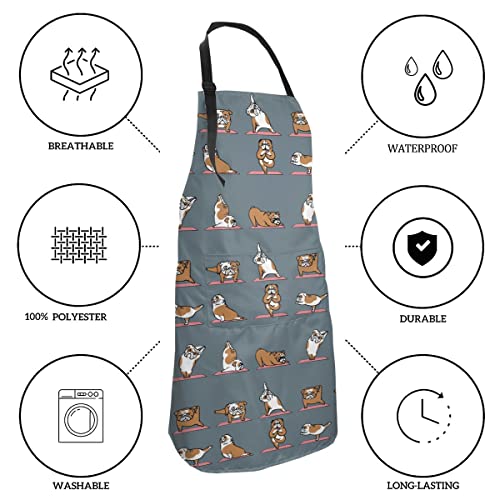 Dog or Paw Apron - 33" x 28" Large with 26" Waist Ties, Lightweight, with 2 Pockets for Your Cooking Essentials - style: English Bulldog Yoga