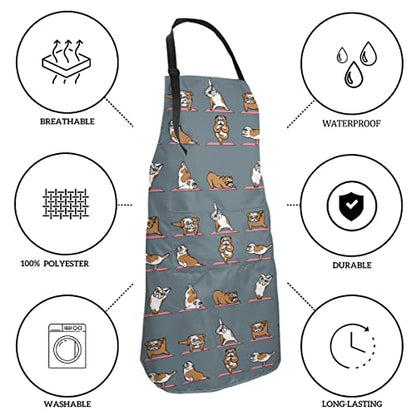 Dog or Paw Apron - 33" x 28" Large with 26" Waist Ties, Lightweight, with 2 Pockets for Your Cooking Essentials - style: English Bulldog Yoga