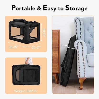 HICC PULE Collapsible Portable Kennel, 28 Inch Soft-Sided Pet Crate for Medium/Small Dogs, 3-Door Ideal for Travel, Indoor & Outdoor, Car Trips, Black