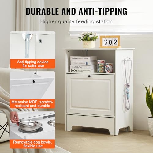 VEVOR Pet Feeding Station with 2 Elevated Dog Bowls, Raised Dog Bowls Stand with Storage, Food Cabinet with Hidden Pull-Out Bowl, Feeder Station, Pet Toy Storage Organizer for Dogs Cats, White - size: 23.62x13.78x31.38 inch