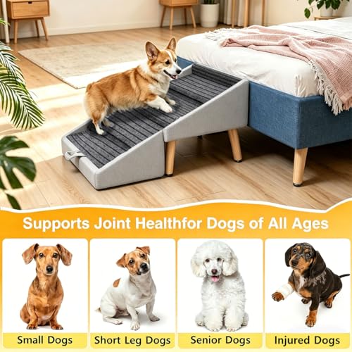 Dog Ramp for Couch Sofa and Low Bed, 13.5"H 2-in-1 Foldable Split Ottoman&Steps, Non-Slip Wooden Pet Stairs for Small Senior Injured Dogs & Cats