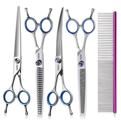 Left Handed Dog Grooming Scissors Kit 7 in Professional Curved Thinning Straight Shears 3pcs Set for Grooming Dogs Cat Pet Japanese 440C Stainless Steel(7.0'' Kit, 4Pcs) - size: 7.0 inch, style: 4 Pcs Kit