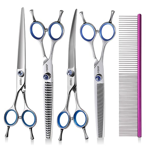 Left Handed Dog Grooming Scissors Kit 7 in Professional Curved Thinning Straight Shears 3pcs Set for Grooming Dogs Cat Pet Japanese 440C Stainless Steel(7.0'' Kit, 4Pcs) - size: 7.0 inch, style: 4 Pcs Kit