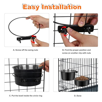 No Spill Water Bowl for Dogs, Sturdy Stainless Steel Dog Dishes 2 Pack with Dog Bowl Holder Hanging on Pet Cage Kennel Crate, Detachable Metal Food/Water Bowl Set for Medium/Large Dogs - color: Black