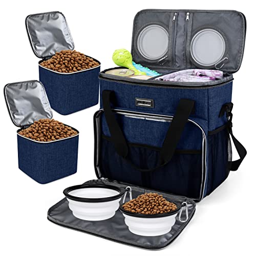 BAGLHER Dog Travel Bag, Pet Travel Bag (ALL Pet Travel Supplies), With 2 Pet Food Containers and 2 Collapsible Silicone Bowls; Essential Kits for Pet Travel Dark Blue - color: Dark Blue, size: Medium