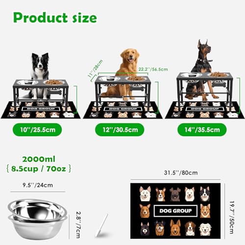 SHAINFUN Elevated Dog Bowls with Mat for Large & XLarge Dogs, Adjustable Height Raised Dog Bowl Stand with Two 68oz Bowls, Dogs Food Water Bowl Holder - color: Black-2L