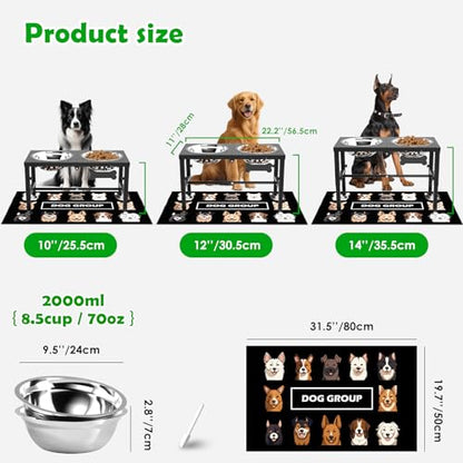 SHAINFUN Elevated Dog Bowls with Mat for Large & XLarge Dogs, Adjustable Height Raised Dog Bowl Stand with Two 68oz Bowls, Dogs Food Water Bowl Holder - color: Black-2L