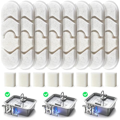 Dog Water Fountain Filter 8-Set, 12L/15L/18L Stainless Steel Dog Water Bowl Dispenser Filters, Pet Water Fountain Filters Set with 8 Filters and 8 Sponges