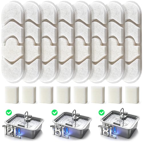 Dog Water Fountain Filter 8-Set, 12L/15L/18L Stainless Steel Dog Water Bowl Dispenser Filters, Pet Water Fountain Filters Set with 8 Filters and 8 Sponges