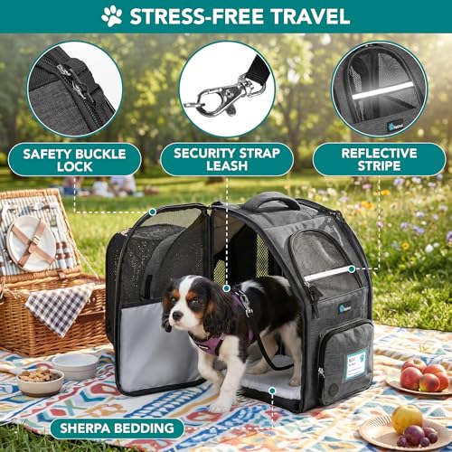 PetAmi Expandable Dog Backpack Carrier for Cats & Pets, Breathable Cat Carrier Backpack with Top Window & Multi-Entry, Ventilated Foldable Travel Carrier for Small Medium Pets up to 18 lbs, Dark Gray - color: Charcoal