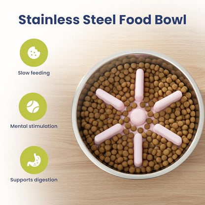 PawsPik 64oz 18/8 Stainless Steel Slow Feeder Dog Bowl, Double-Wall Non-Slip Metal Dog Bowl for Fast Eating Medium & Large Breeds, Detachable Slow Feeder Insert, Dishwasher Safe (Cherry Blossom Pink) - color: Cherry Blossom Pink