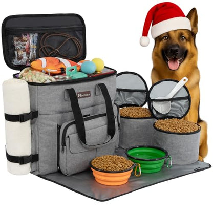Modoker Dog Travel Organizer with 2 Collapsible Bowls for Supplies & Accessories, Airline Approved Dog Tote Pet Travel Bag with 2 Travel Food Container - color: Soft Grey