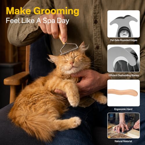4PCS Dog Brush for Shedding, Slicker Brush for Dogs, Deshedding Dog Brush and Undercoat Rake, Pet Grooming Metal Comb Set, Grooming Supplies Kit for Long Haired Pets and Thick Fur - color: Bamboo 4pc Set