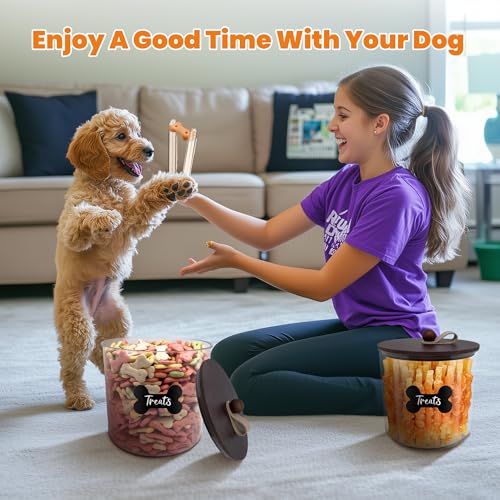 HOYTAMDAR 2 Pack Airtight Dog Treat Containers with Bamboo Lids, Dog Treat Jars with Scoops, Clamps, Labels and Marker, Dog & Cat Treat Holder - color: Brown - 2 Pack