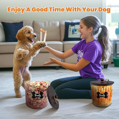 HOYTAMDAR 2 Pack Airtight Dog Treat Containers with Bamboo Lids, Dog Treat Jars with Scoops, Clamps, Labels and Marker, Dog & Cat Treat Holder - color: Brown - 2 Pack
