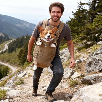 FLAdorepet Dog Carrier Tactical Backpack for Small Medium Dogs,Soft Hands-Free Legs Out Pet Front Cat Dog Carrier Backpack Travel Bag for Outdoor Traveling Hiking Camping (Large, Khaki) - size: Large(Pet 30-45LBS)