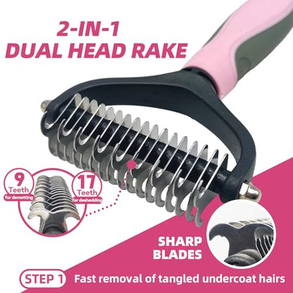 Pet Grooming Kit - 7 PCS Deshedding Brush Set with Slicker, Undercoat Rake, Bath Brush & Nail Clipper for Short & Long Haired Dogs, Cats (Pink) - color: A-Pink