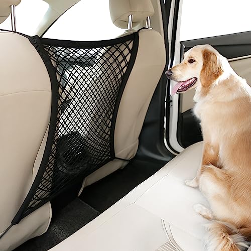 rabbitgoo Dog Car Net Barrier for SUVs, Pet Barrier with Metal Hooks & Stretchable Mesh, Car Divider & Storage Bag, Easy to Install, Drive Safely with Children & Pets, 13.98"×15.55" - size: 13.98" x 15.55"